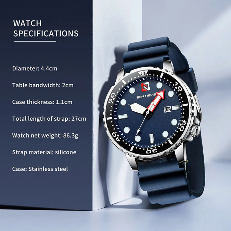  Ben Nevis Men's Watches Fashion Analog Quartz Watch with Date Military Watch Waterproof Silicone Ru