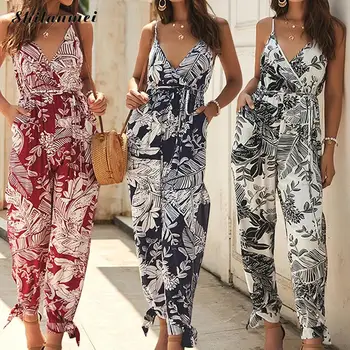 

2019 Summer Bohemian Jumpsuits Women Floral Spaghetti Strap Sexy Jumpsuit V Neck Side Slit Loose Playsuits Boho Beach Rompers