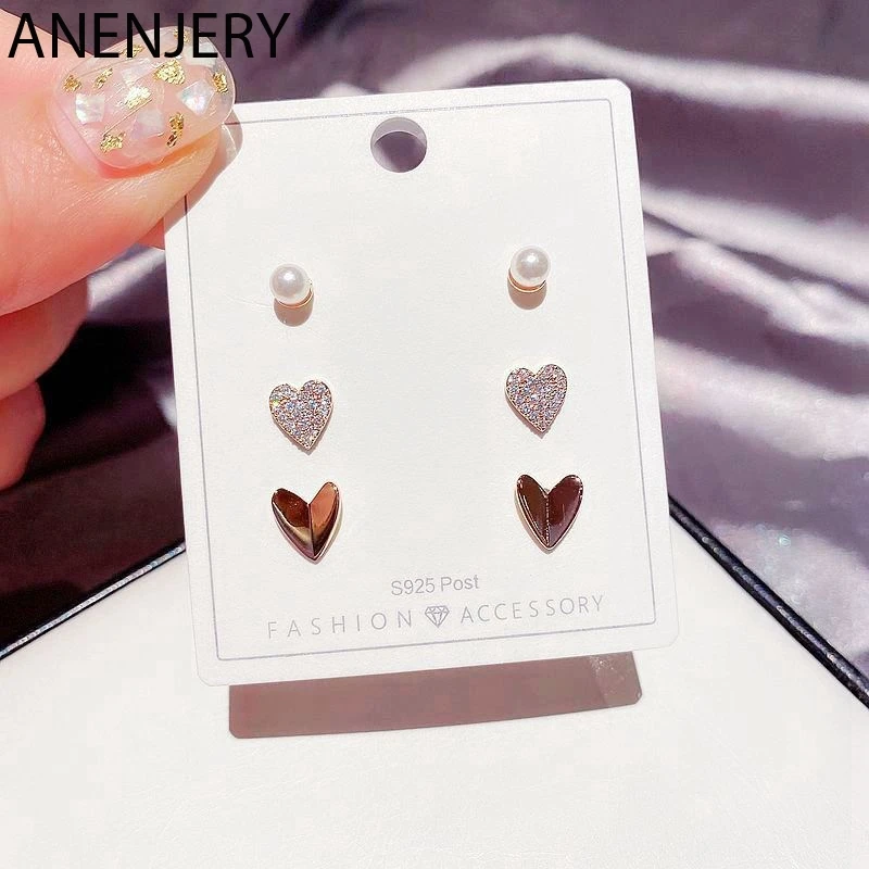 ANENJERY Dainty Liebe Herz Stud Ohrringe Set für Frauen Rose Gold Farbe Perle Ohrring Set Schmuck Geschenke Großhandel 6-stück S-E1236