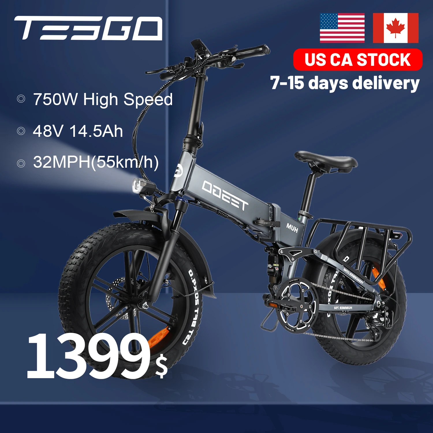 TESGO Hummer Pro Folding Electric Bike 48V 750W 14.5AH Fat Ebike 20 Inch  32MPH Shimano 8 Speed Snow Electric Bicycle for Adult| | - AliExpress
