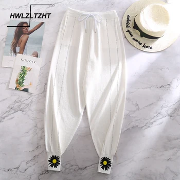 

HWLZLTZHT Embroidery Knitted High Waist Pants Loose Harem Pants Autumn Sports Pants Women Casual Black White Knitted Trousers