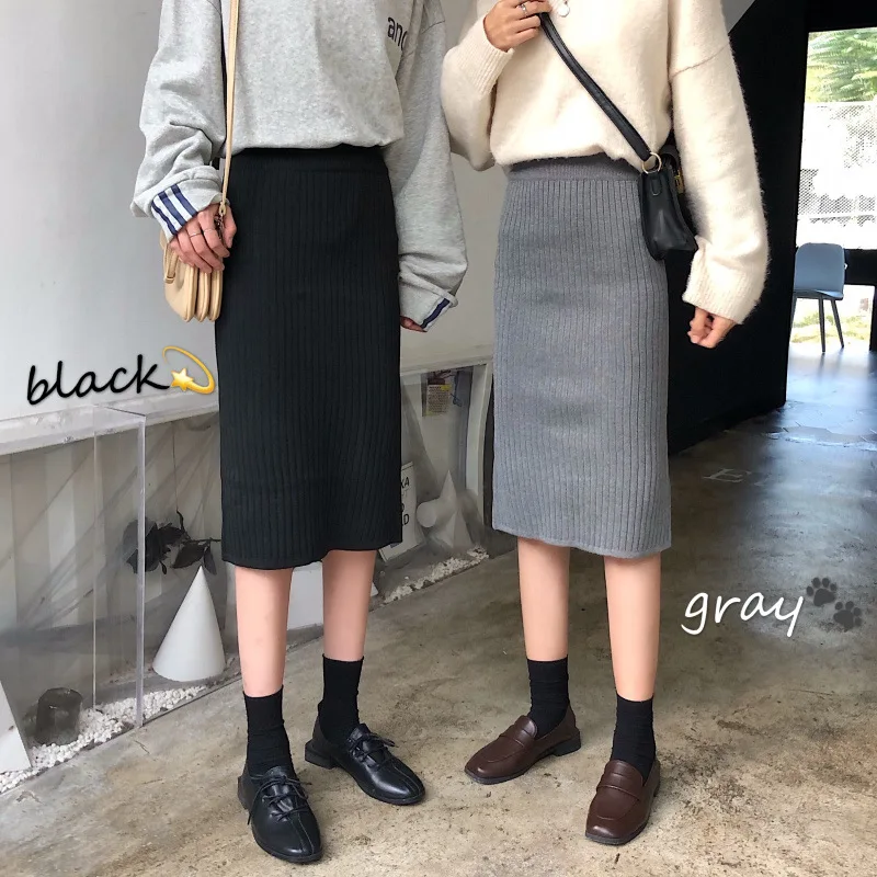 

Skirt Mid-length 2019 Autumn And Winter New Style Slimming High-waisted Versatile Slit Knitted Yarn Skirt One-step Skirt