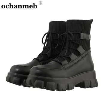 

ochanmeb chic designer shoes women thick sole platforms chunky heels boots ladies cross tied gothic sock boots large size 45 46