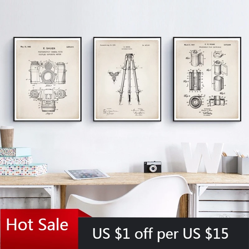 Camera Patent Vintage Posters and Prints Wall Pictures Office Art Canvas Painting Retro Blueprint Home Decor Gift idea | Дом и сад