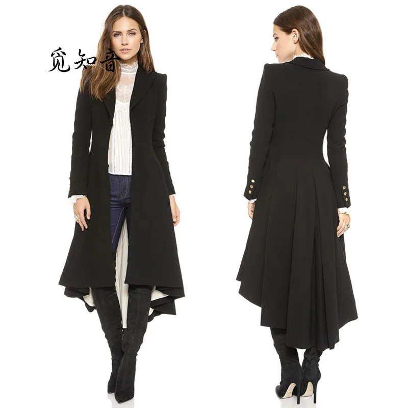 2020 Vrouwen Plus Size Lange Goth Jas Herfst Winter Swallowtail Zwarte Geplooide Wol Geul Zwaluwstaart 5XL 6XL Vrouwelijke Uitloper 2020 Vrouwen Plus Size Lange Goth Jas Herfst Winter Swallowtail Zwarte Geplooide Wol Geul Zwaluwstaart 5XL 6XL Vrouwelijke Uitloper