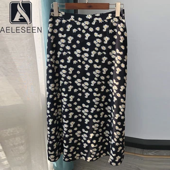

AELESEEN Runway Fashion Women Summer Skirt 2020 High Quality Flower Print A-Line Slim Office Ladies Party Skirts
