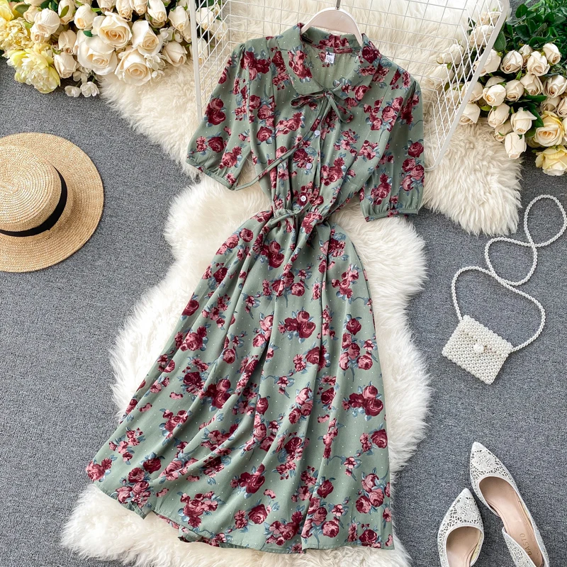 Vintage button slim 2020 floral print dress midi long summer Party tie high waist dress Women elegant tunic beach a-line dresses