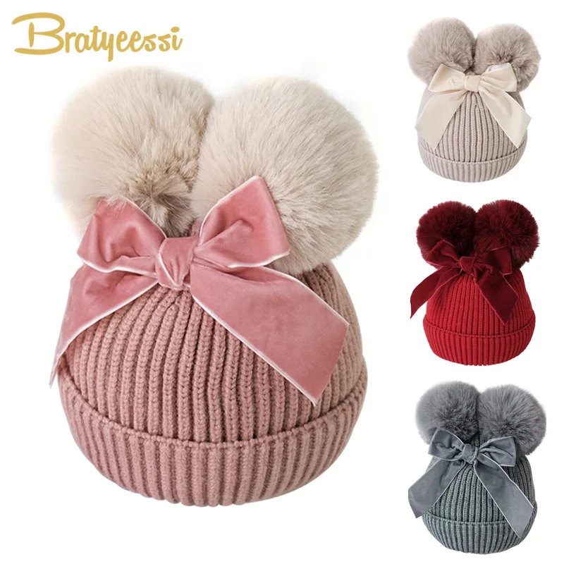

New Pompon Baby Winter Hat for Girls Bows Warm Baby Beanie Kids Cap Fur Ball Pom Pom Baby Girl Hat Snow Children Hats 9 Colors