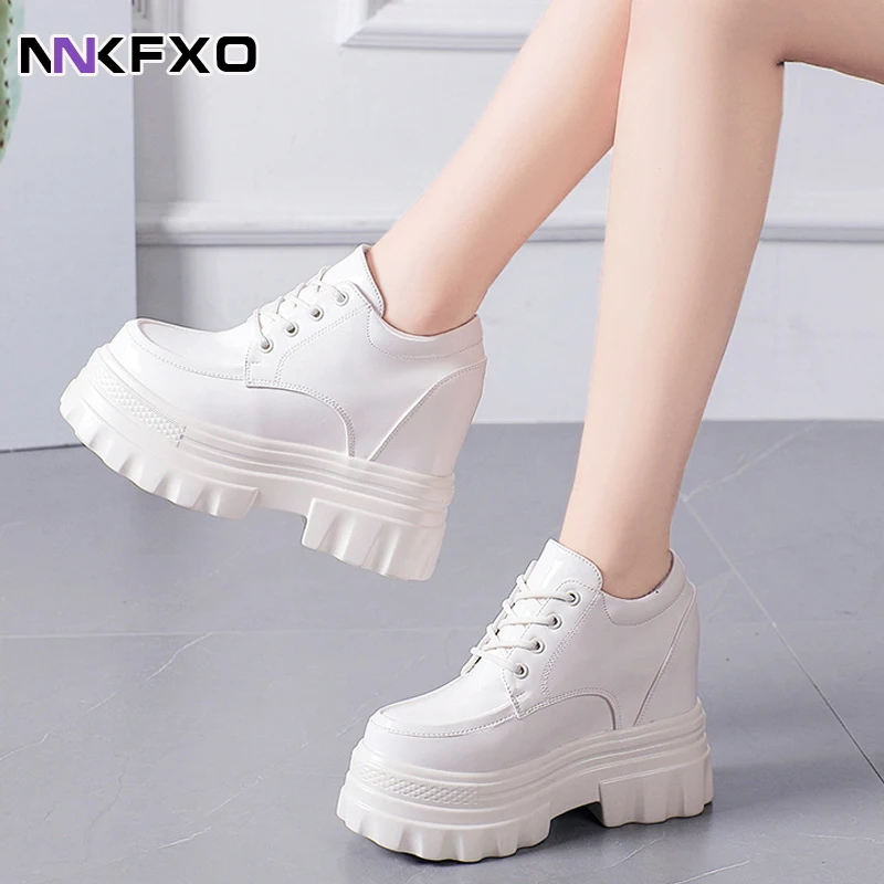 Zapatillas de deporte de cuero con plataforma alta para mujer, botines con  tacón de cuña para exterior, Tenis gruesos con cordones, vc2801|Zapatos de  tacón de mujer| - AliExpress