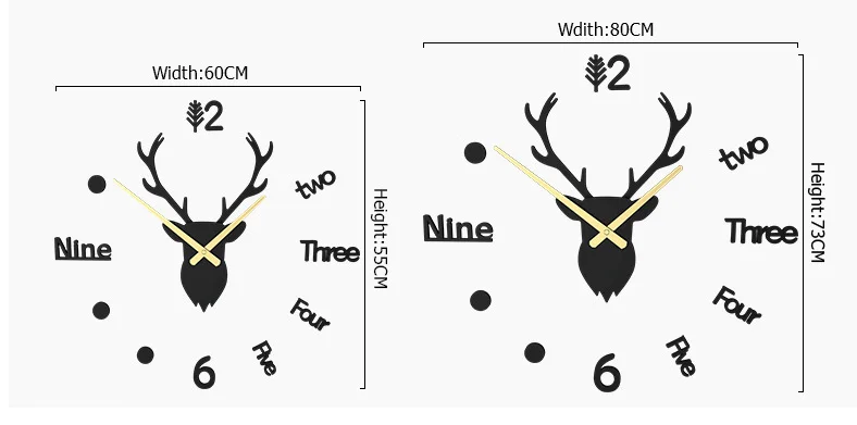 DIY большие настенные часы с рогами наклейка Рождественский подарок бесшумные домашние декоративные подвесные часы Металлическая указка Кварцевые черные часы