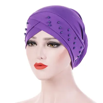 

Women Bead Solid Beanie Forehead Cross For Cancer Fashion Western Style Muslim Hats Chemotherapy Cap Head Wrap Accessories