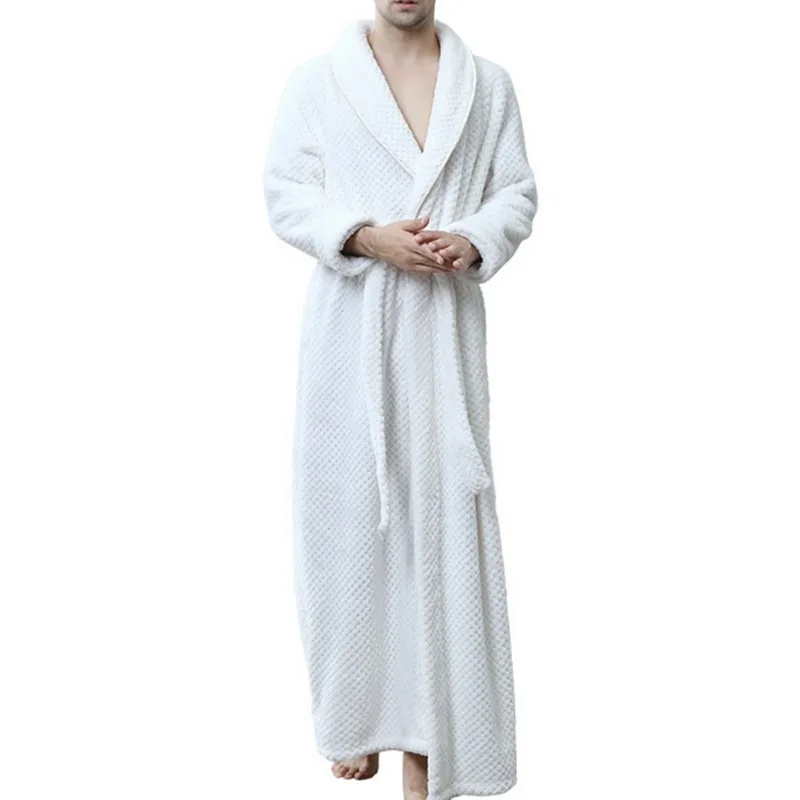 Shujin Men pajamas Confrot Robe Soft Absorbent Lightweight Long Kimono Flannel Spa Bathrobe Men Coral fleece bathrobe bathing - Color: White
