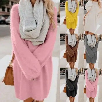 

Hot Elegant Mini Knitted Sweater Dress Women Plus Size 2019 Autumn Winter Party Dress Bodycon Dresses Solid Color Round Neck