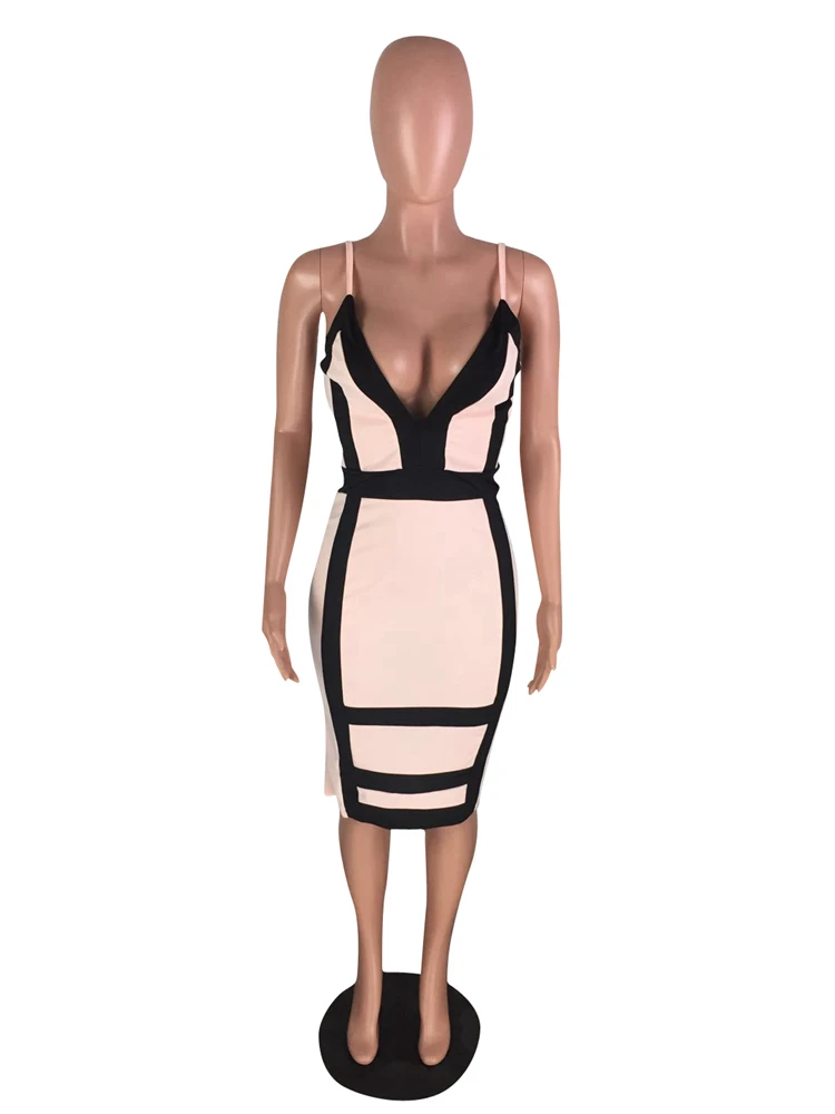 HOT sale sexy V-neck knee-length striped beige dress for women VYN8099