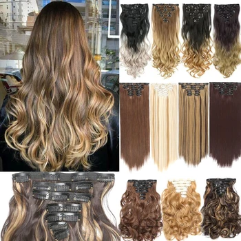 

WERD 6Pcs/Set 24" Hairpiece 140G Straight 16 Clips In False Styling Hair Synthetic Clip In Hair Extensions Heat Resistant