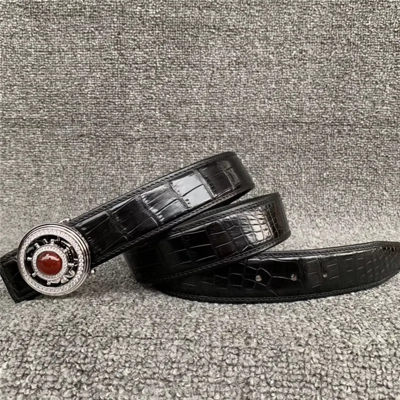 Black Silver Подлинная настоящая крокодиловая кожа, пряжка из нержавеющей стали, мужские благородные ремни, натуральная кожа аллигатора, рубиновые стразы, мужской ремень - Цвет: Black Silver
