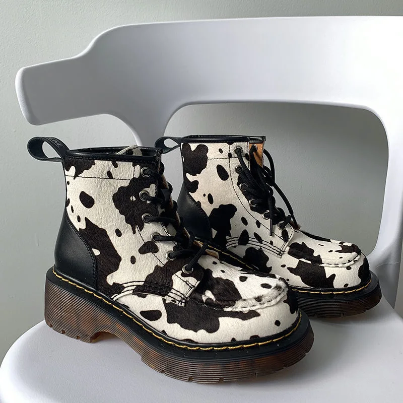 Botas de lujo con estampado de vaca Martin para mujer, zapatos de punta redonda, informales, con tacón patchwork