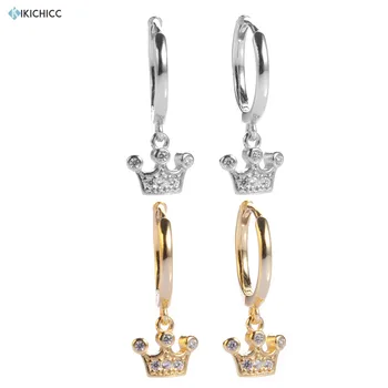 

Kikichicc Princess Queen Crown Dangle Charm Circle Drop Earrings 12mm 18K Gold Plated Round Hoop Earings Joyas De Plata 925