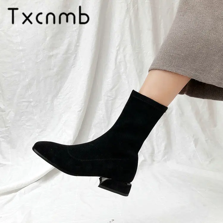 

TXCNMB Top Quality Women Mid-calf Boots Square Heels Autumn Winter Socks Boots Fashion Party Wedding Shoes Woman Stretch Boots