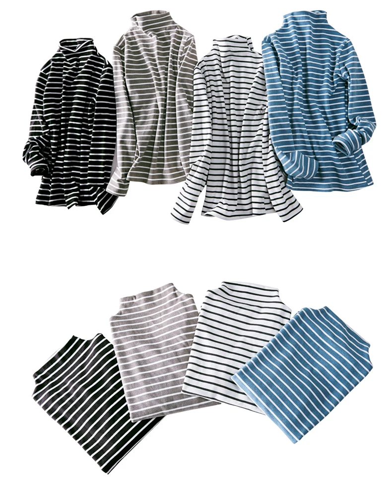 Striped Thicken T Shirt Women Turtleneck Tshirt Woman Clothes Poleras Mujer De Moda Fall Long Sleeve Cotton Tees Female