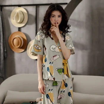 

Soft Cotton Sleepwear V- Neck Pyjama Sexy Nightwear Summer Hot Sale Nighty Home Clothes For Women Plus Size Kimono Pajamas Sets