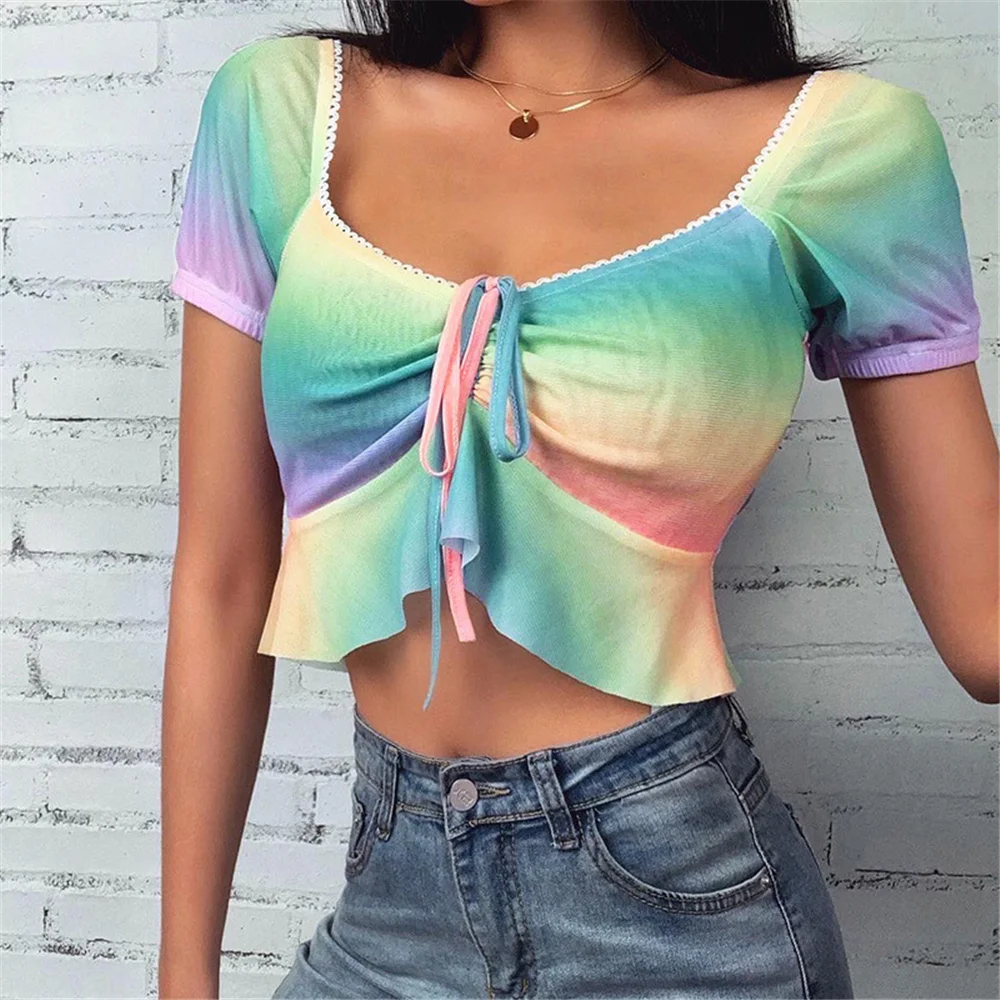 

Three Ratels Gradient Color Drawstring Ruched T shirt Women Sexy V neck Short Sleeve Tube Crop Top Summer Casual Streetwear Tee