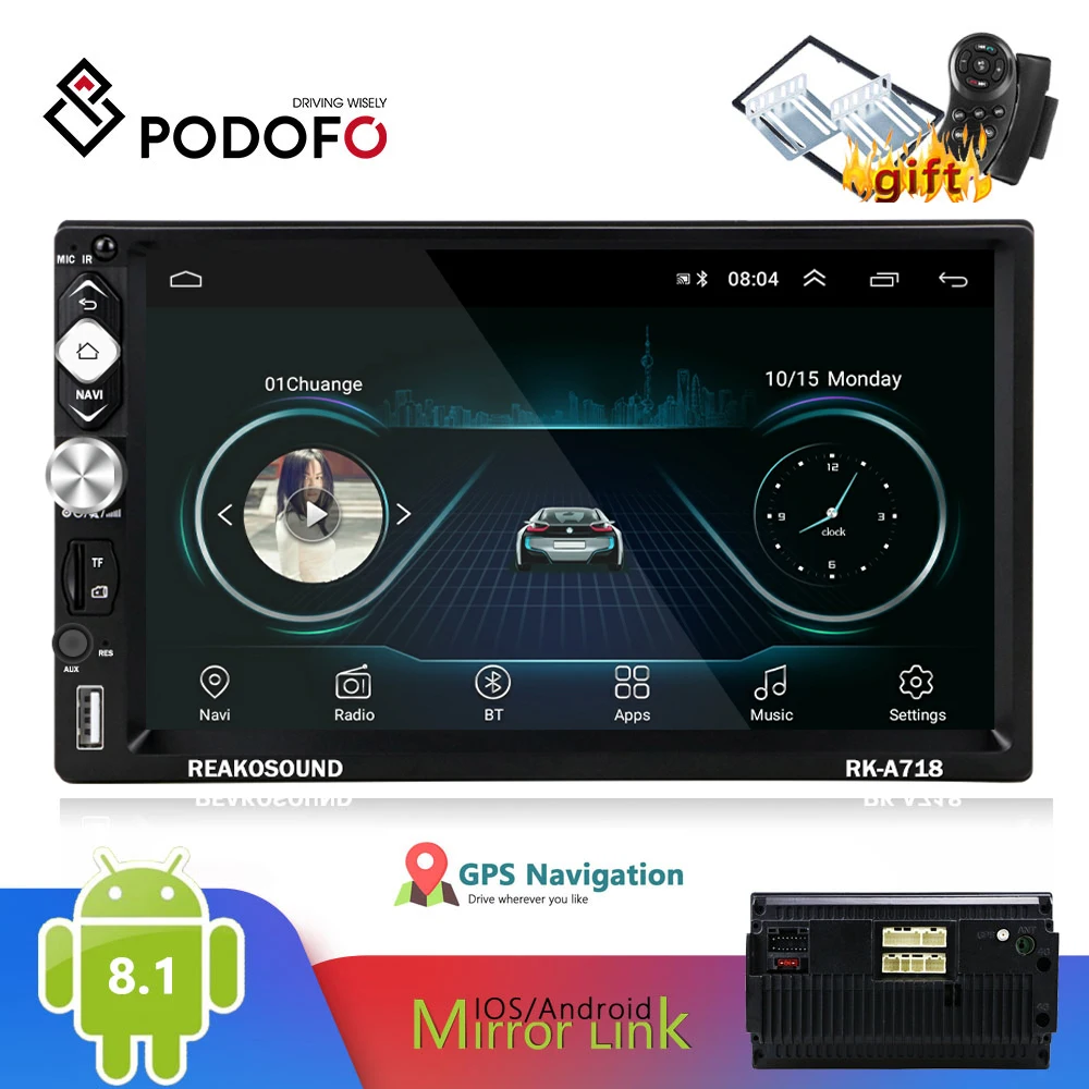 Цена Podofo 2 Din автомобильный радиоприемник Android 8,1 универсальная font b gps b font навигация Bluetooth Сенсорный экран аудиосистема с WIFI FM Автомобильный мультимедийн...