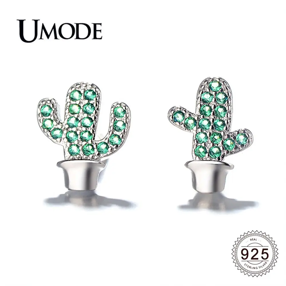 

UMODE 2019 New 925 Sterling Silver Green Zircon Cactus Stud Earrings for Women Paved CZ Birthday Gift Silver 925 Jewelry ALE0648