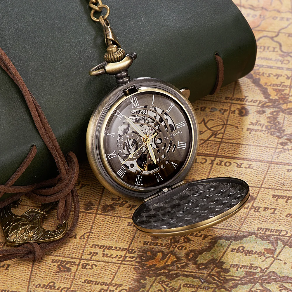 Luxury OYW Hand Winding Mechanical Silver Men Pocket Watch Skeleton Dial Steel necklace Chain Pendant Vintage Dress Fob Watches