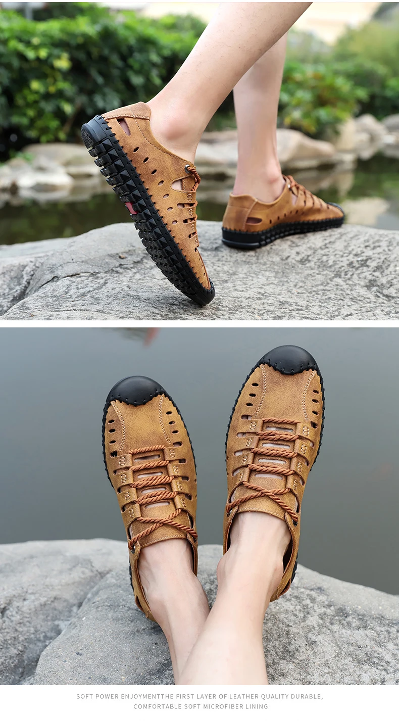 UEXIA Summer Men Leather Sandals Business Casual Shoes Men Outdoor Beach Sandals Roman Men Summer Water Shoes Footwear Size 48