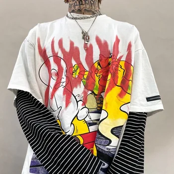 

New Male Women High Street Hip Hop Vintage Fashion Loose Couple Tees Shirts Men Gradient Print Splice Long Sleeve T-shirt