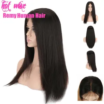 

Hot Wave Remy Brazilian Human Hair Front Lace Closure Frontal Wig for Women Natural Black Middle Part 4X4 13X4 Silky Straight