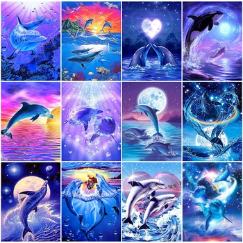 

HUACAN Full Square Diamond Painting Dolphin Mosaic Handmade Embroidery Cross Stitch Animal Home Decor