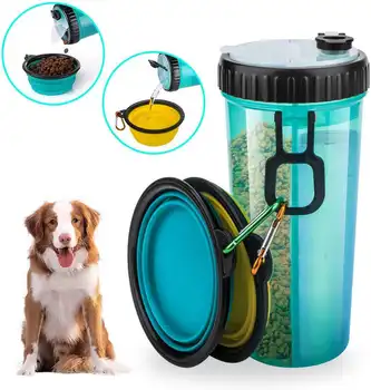 

Dog Water Bottle for Walking 2 in 1 Portable Travel Dual Chambered Drinking Cup Dispenser for Pets Food Container with 2 Bowls