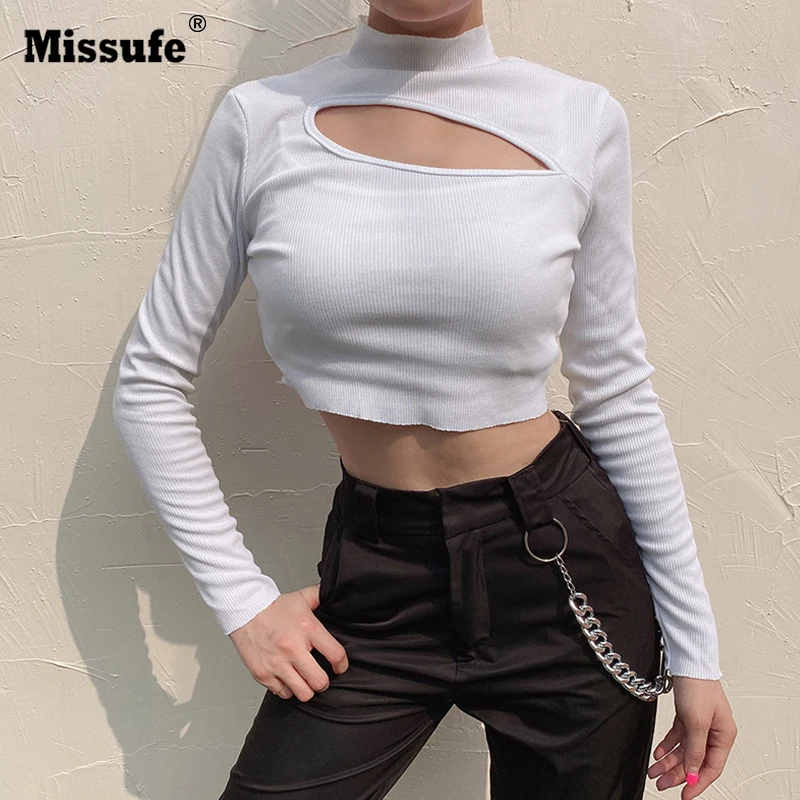 

Missufe Sexy Irregular Hollow Out Long Sleeve Shirt Women Ribbed Knitted Crop Top Ladies 2019 Winter Tee Shirts White Black