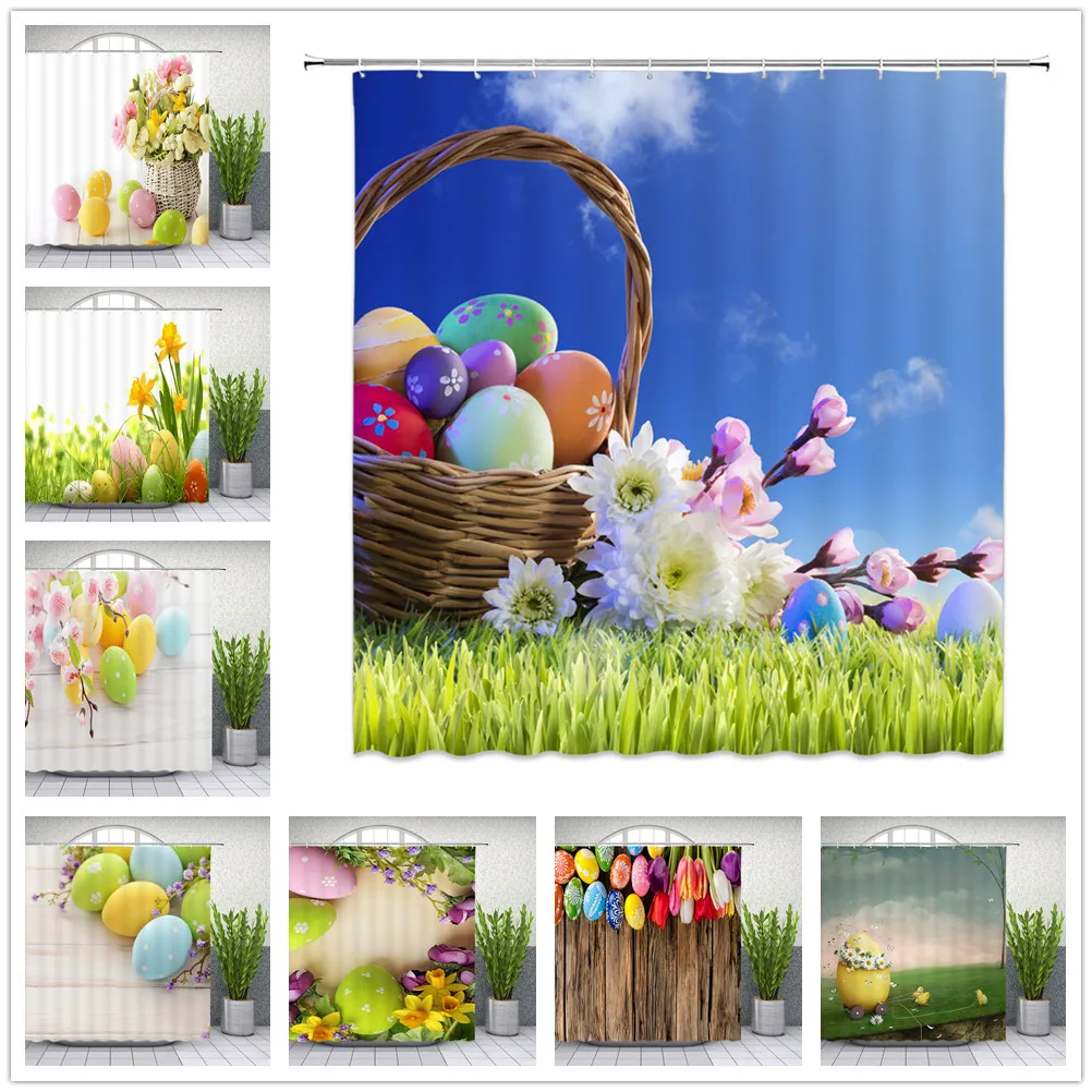 Pasqua Tende Da Doccia Colorato Uovo Di Fiori Pianta Verde Bagno Decor Poliestere Impermeabile Casa Vasca Da Bagno Set Tenda Con Ganci