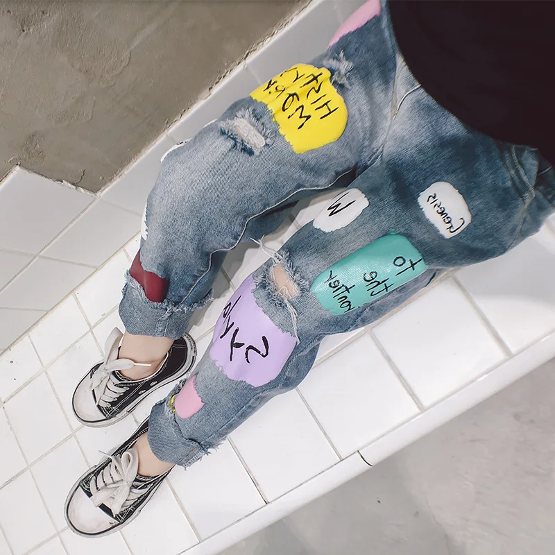 Men And Women Children Pants Cartoon with Holes Jeans Trousers 19 Autumn Clothing New Style Childrenswear 3-8-Year-Old
