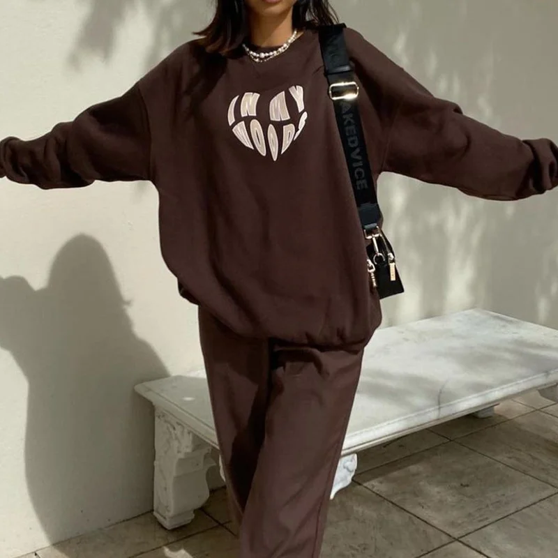 

Fashion New Women's Pullover Round Neck Print Brown Loose Sweatshirt Long Sleeve Women's Blouse Autumn Qn*