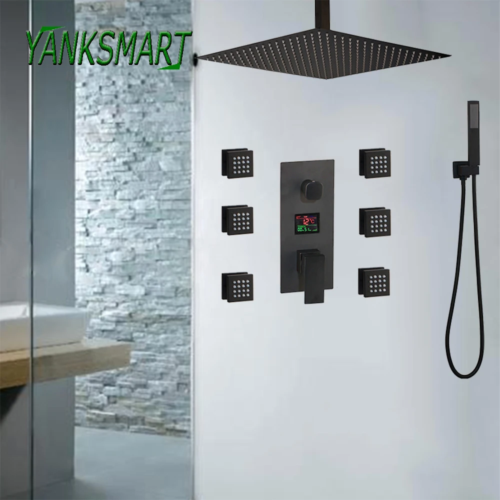 Yanksmart, для ванной комнаты Набор Смеситель для ручного душа набор черный квадрат Насадки для душа Термостатический Температура Дисплей настенное крепление осадков коснитесь