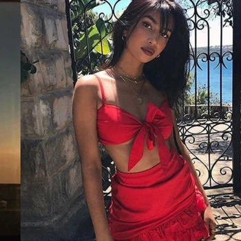 

2019 Hot Sexy 2pieces Set Clothes Women Crop Top Bowknot and Ruffles Skirt Red Sets Summer Bodycon Clothes For Women