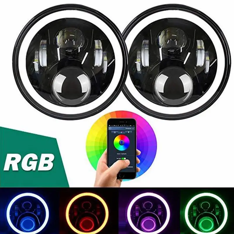 

7 inch LED Headlights Work RGB Angel Eyes Multicolor DRL Bluetooth Remote Control Head Lamps for Jeep Music Mode 50W Hi/Lo Beam