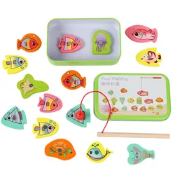 Jeu de pêche magnétique en bois, 15 pièces, jouets éducatifs pour bébé, boîte en fer, Cognition vie Marine poisson, jouet interactif Parent enfant 