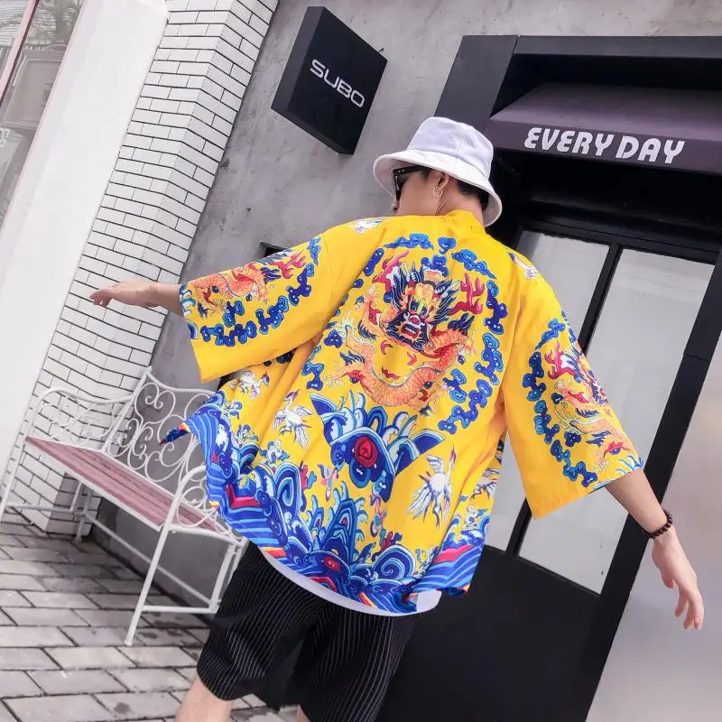 Yukata, мужская одежда хаори самурая Харадзюку, мужской принт, кимоно в японском стиле, летний Повседневный Кардиган, рубашка, повседневный Свободный Топ, блузка - Цвет: Style 13