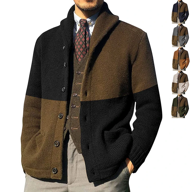 old man sweater Men Sweater Cardigans Knitted Long Sleeve Autumn Male Bussiness Patchwork Turtleneck Cardigan Sweaters Single Breasted Lapel tacky christmas sweater