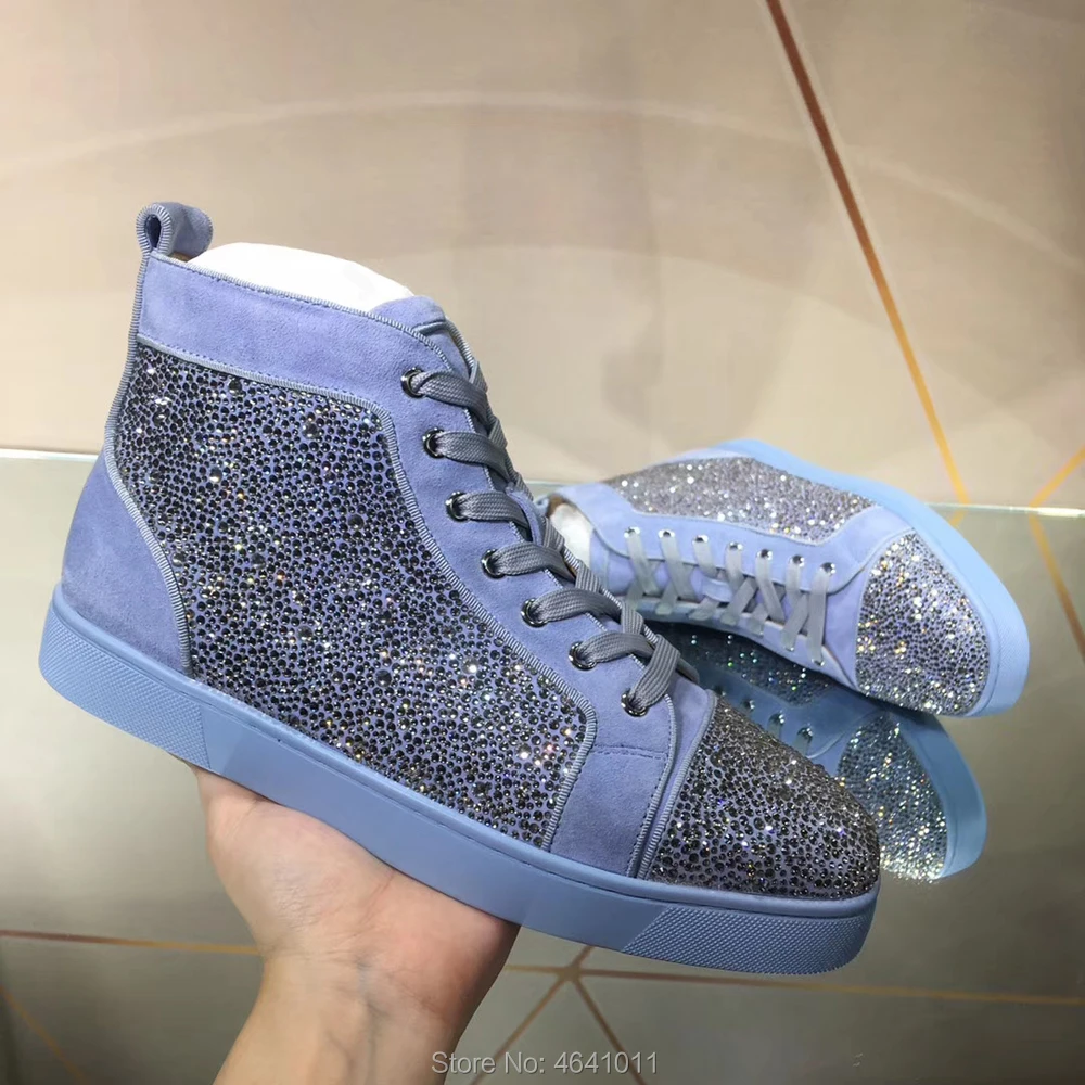 High Top Leisure cl andgz Blue Rhinestone Suede Leather Rivet Red bottoms For men Sports Shoes sneakers Flat Loafers Footwear