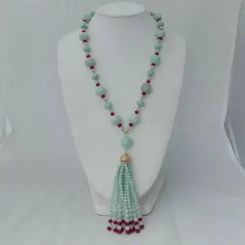 

24'' Natural Blue Amazonite Red Jade Tassel Necklace