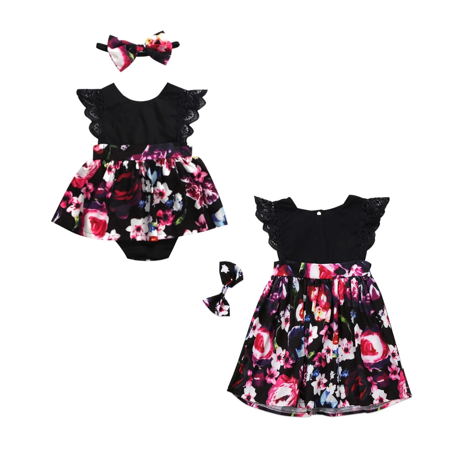 Conjunto de 2 uds. De ropa para bebé y Niña de 0 a 24 meses, pelele para niña de 1 a 6 años, vestido Floral de encaje negro con lazo, novedad de Verano de 2020