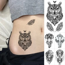 Owl Temporary Tattoo Sticker Ganesha Feather Lion Tiger Black Tatoo Sexy Waist Hand Men Women Glitter Tattoos Kids Body Art 2021