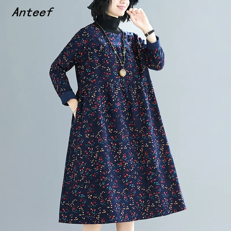 

Anteef long sleeve cotton vintage floral dresses for women casual loose autumn winter dress elegant clothing 2022