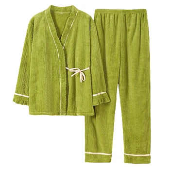 

New Japanese Style Pajamas Flannel Simple Comfortable Homewear Sleep Yukata For Female Adult Winter Thick Robe Clothing Pant Set